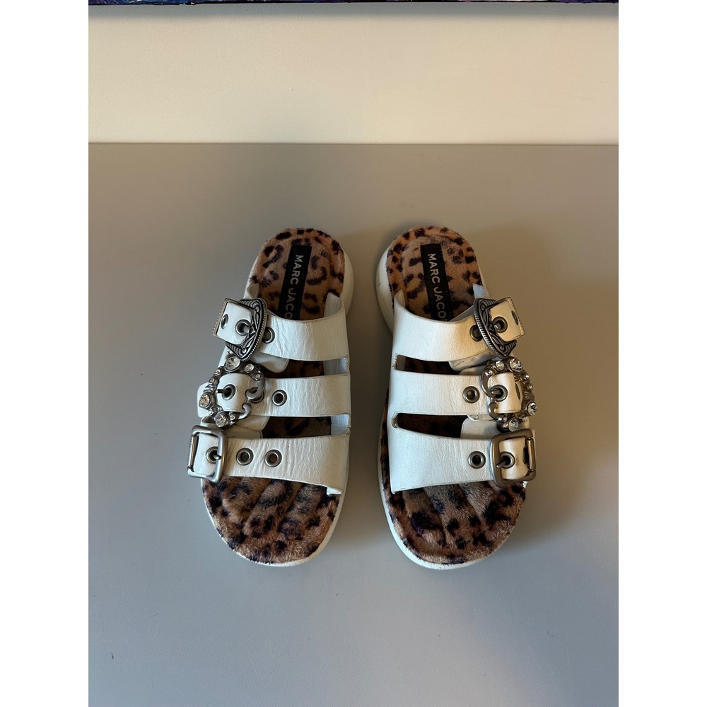 Marc Jacobs Emerson Leather Leopard Fur Triple Buckle Platform Slides | Size 39
